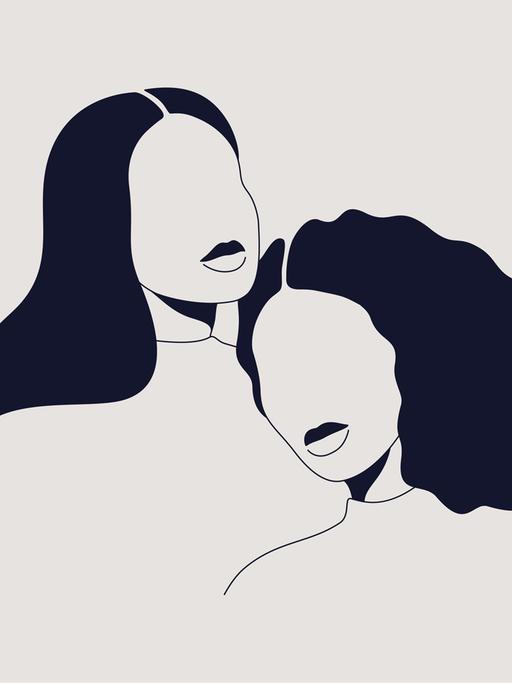 Illustration von zwei Frauen Silhouetten, die sich aneinanderlehnen.