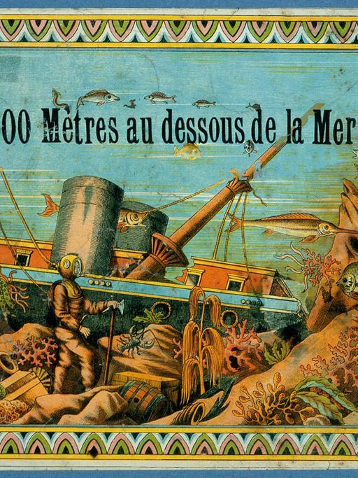Romantisch-nostalgische Illustration eines Tauchers, der unter Wasser ein Schiffswrack besucht
