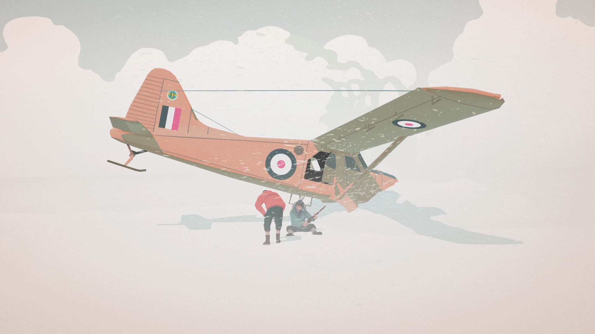 Screenshot aus dem Spiel "South of the Circle". Zu sehen, ist ein verunglücktes Flugzeug in einer verschneiten Landschaft. Screenshot aus dem Spiel "South of the Circle". Zu sehen, ist ein verunglücktes Flugzeug in einer verschneiten Landschaft.