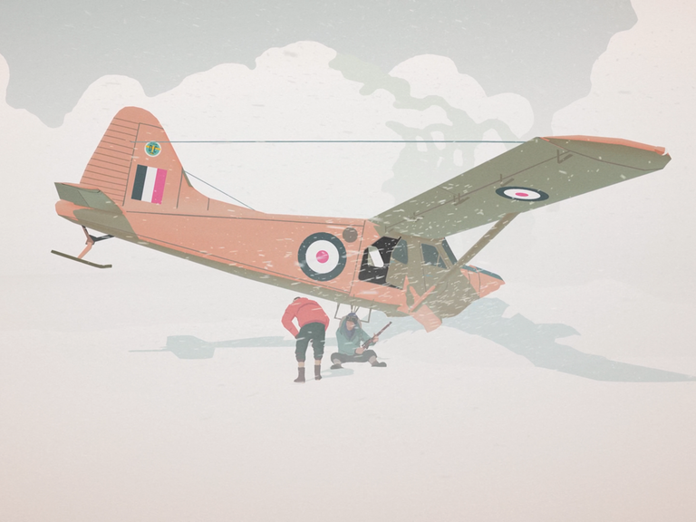 Screenshot aus dem Spiel "South of the Circle". Zu sehen, ist ein verunglücktes Flugzeug in einer verschneiten Landschaft.