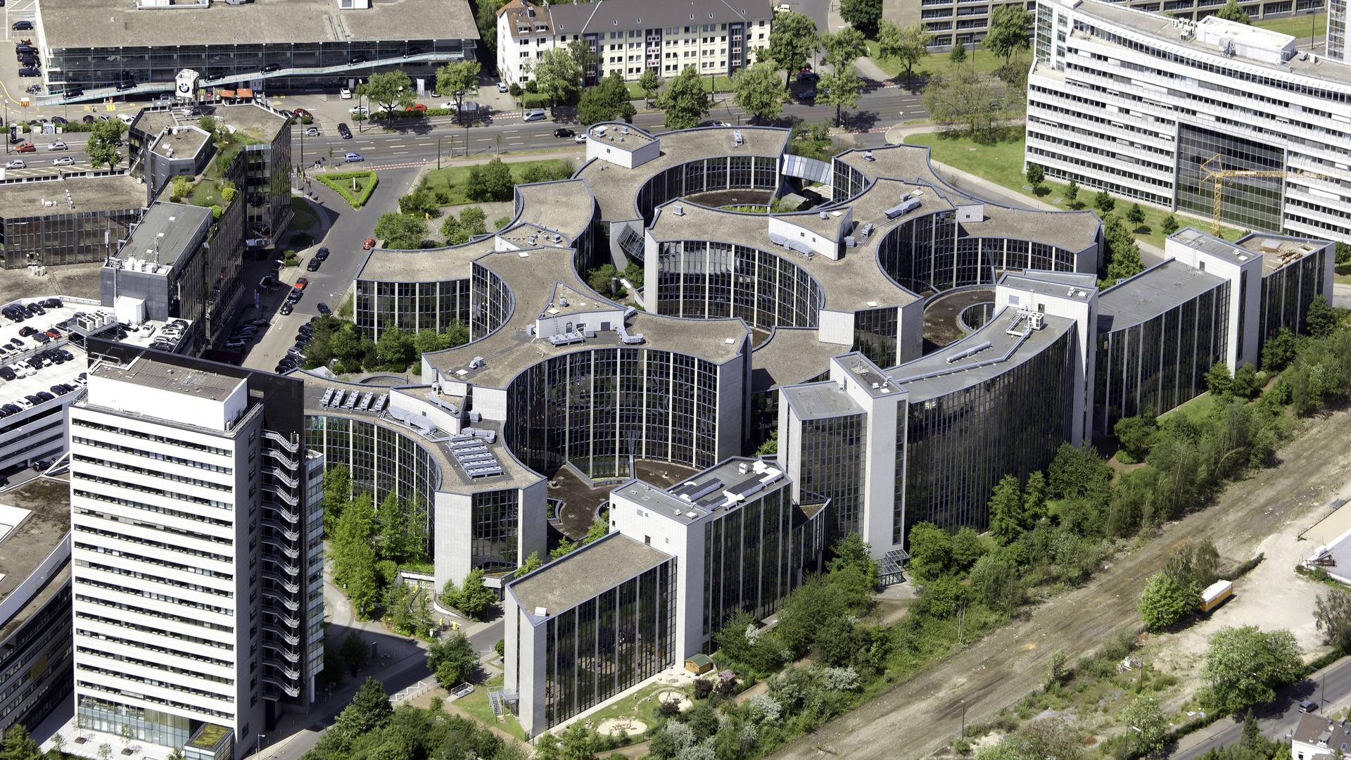 Luftaufnahme des ehemaligen Thyssen Trade Centers in Düsseldorf.