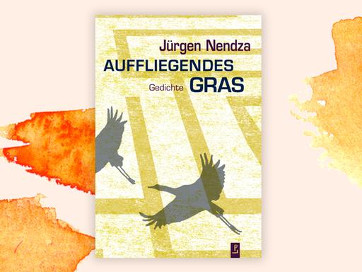Das Cover des Buches von Jürgen Nendza, "Auffliegendes Gras" auf orange-weißem Grund.. Das Cover zeigt neben dem Autorennamen und dem Titel die Schatxten großer Vögel im Flug, auf dem Boden ist ein Muster zu erkennen.