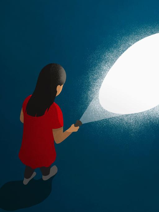 Illustration eines Kindes, was sich mit einer Taschenlampe den Weg aus dem Dunkel bahnt