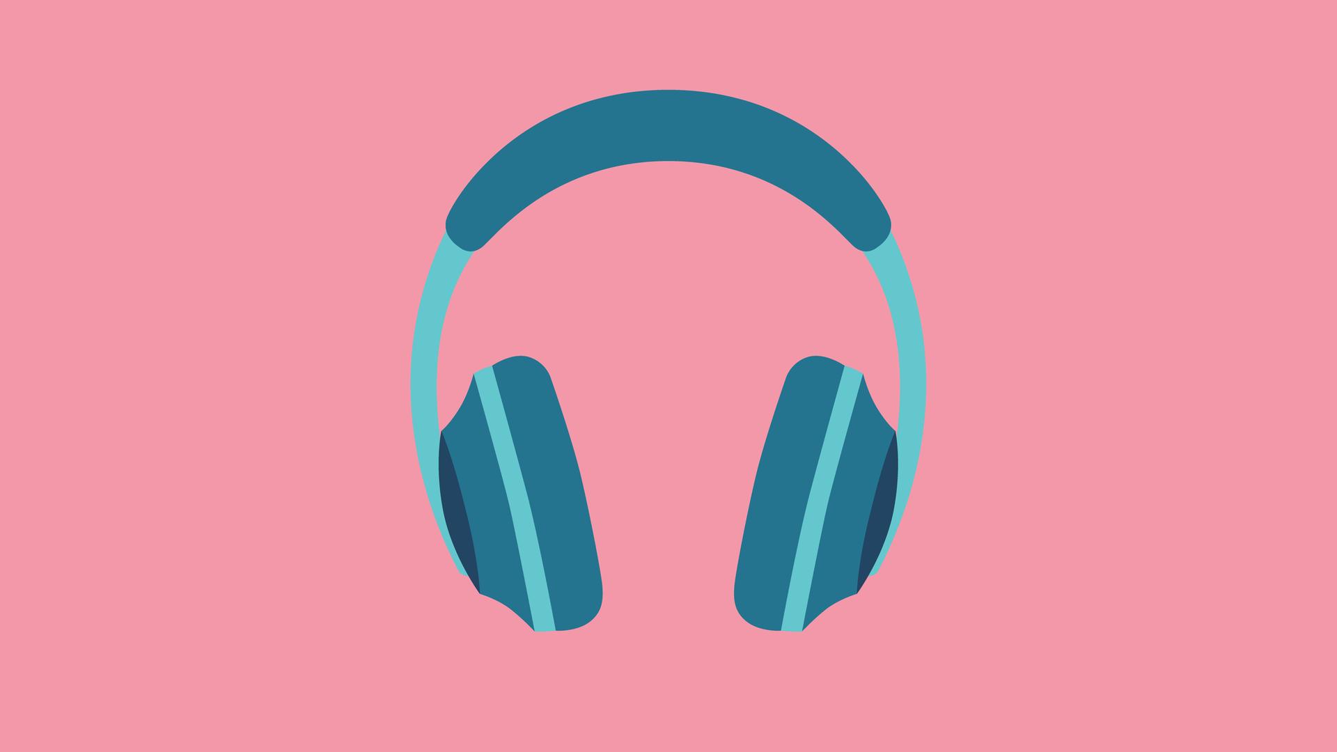 Illustration eines blaugrünen Kopfhörers auf rosafarbenem Hintergrund.