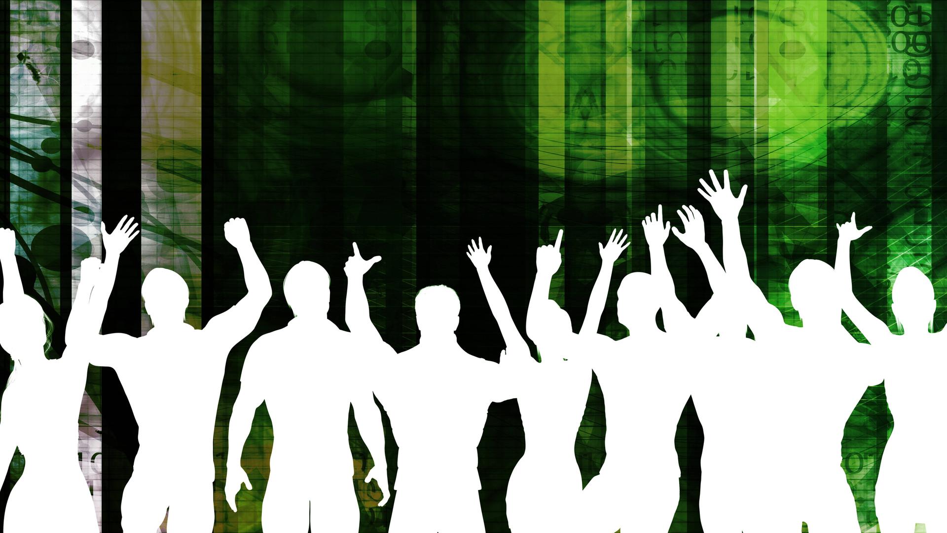 Die Illustration zeigt die weißen Silhouetten vieler Menschen tanzend und mit erhobenen Armen vor einer Bühne. Die Illustration zeigt die weißen Silhouetten vieler Menschen tanzend und mit erhobenen Armen vor einer Bühne.