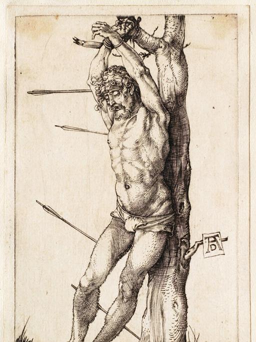 Diese Zeichnung von Albrecht Dürer zeigt den Heiligen Sebastian nur mit einem Lendenschurz und an einen Baum gefesselt.