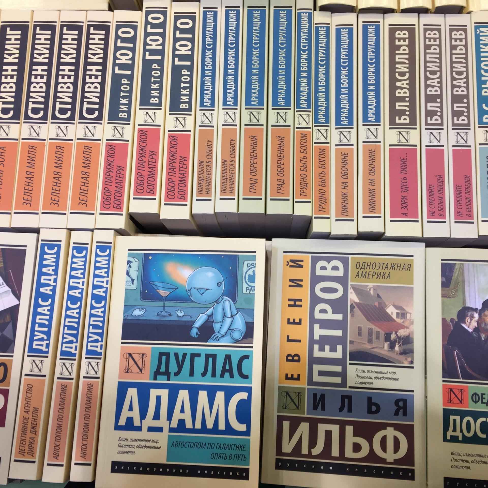 Rücken und Cover von russischen Büchern: von Douglas Adams über Jewgeni Petrow bis Dostojewewski.