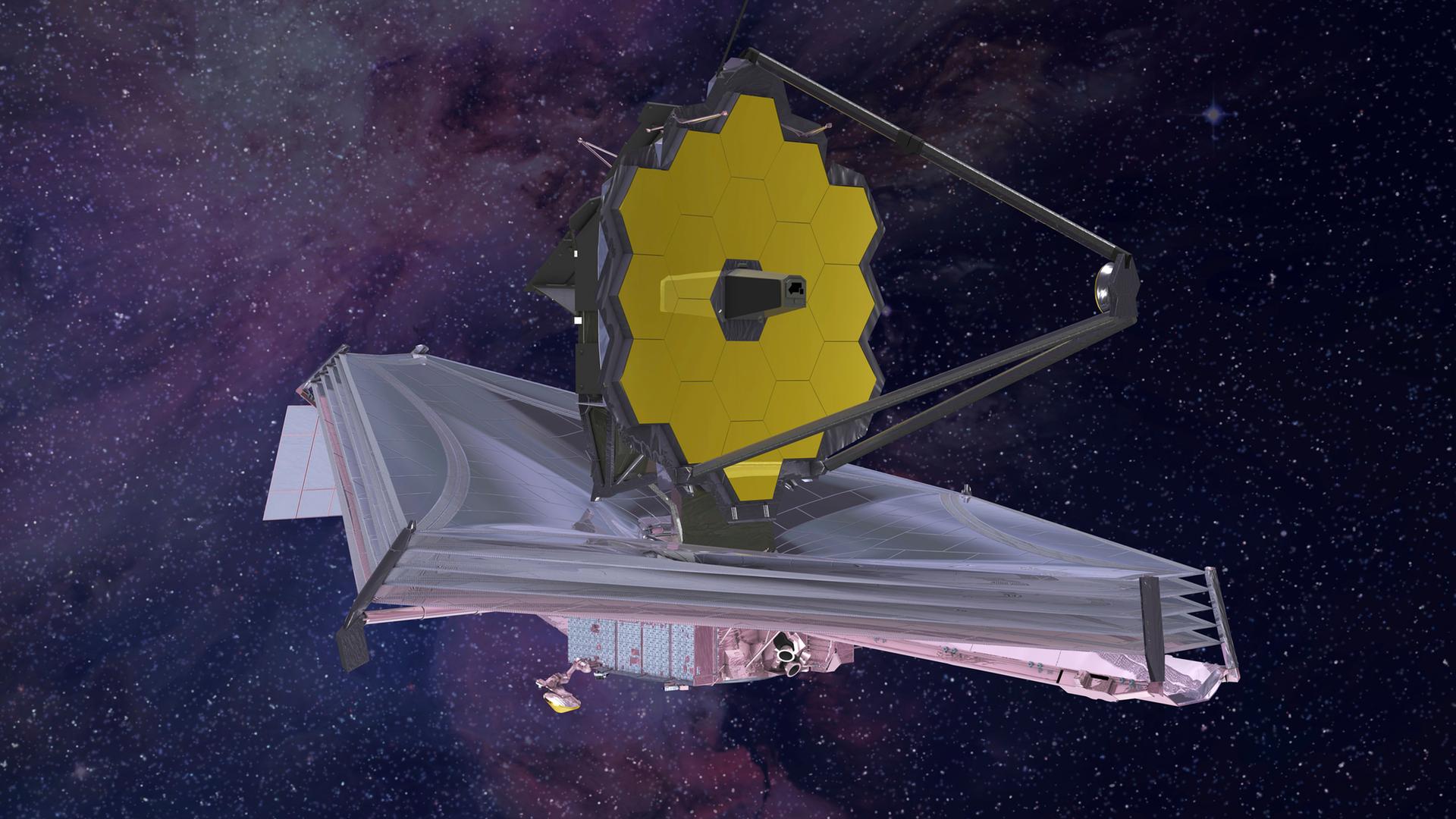 Eine Animation des James-Webb-Teleskops. Man sieht eine Art Satellitenschüssel auf einem Flugkörper.