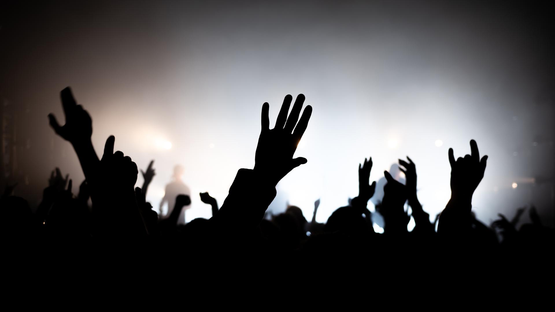 In einem Club sieht man im Gegenlicht die Schatten feiernder Menschen, die die Hände in die Luft reißen. 
