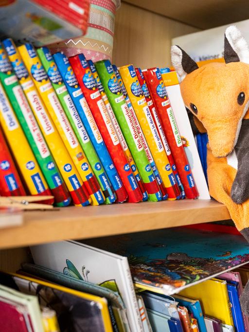 Kinderbücher stehen in einem Bücherregal einer Kita. 