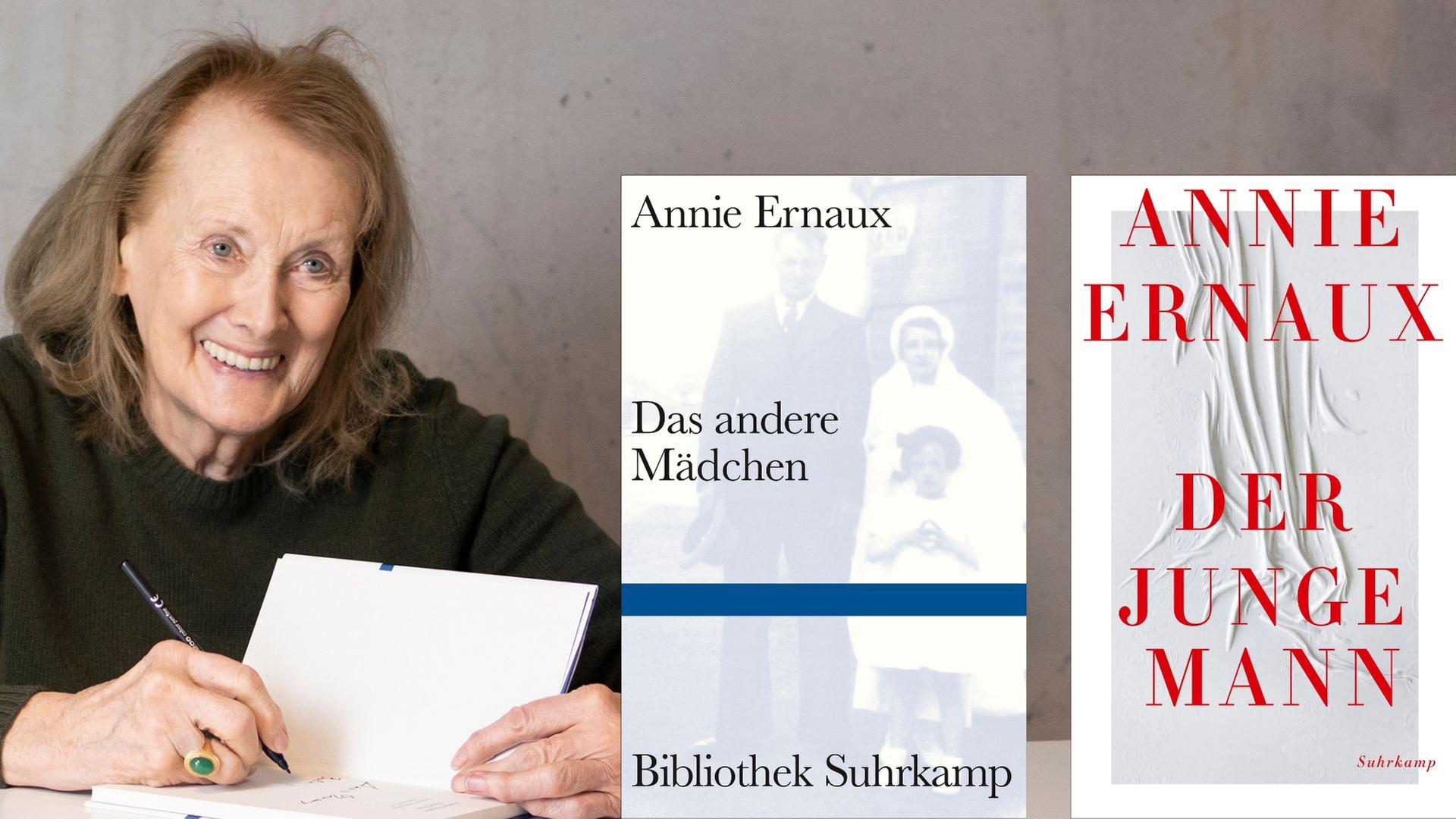 Annie Ernaux: „Das andere Mädchen“ und „Der junge Mann“. Zu sehen sind die beiden Buchcover und ein Bild der Autorin beim Signieren ihrer Bücher