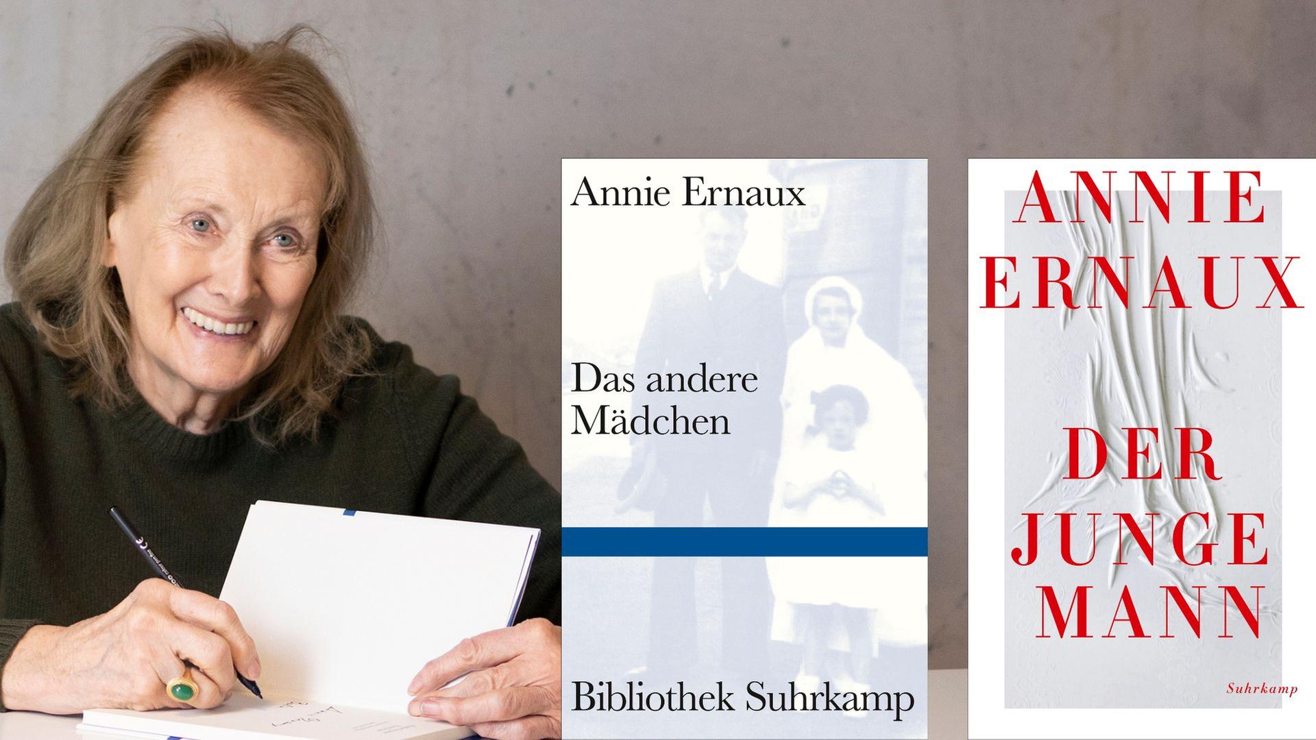 Annie Ernaux: „Das andere Mädchen“ und „Der junge Mann“. Zu sehen sind die beiden Buchcover und ein Bild der Autorin beim Signieren ihrer Bücher Annie Ernaux: „Das andere Mädchen“ und „Der junge Mann“. Zu sehen sind die beiden Buchcover und ein Bild der Autorin beim Signieren ihrer Bücher