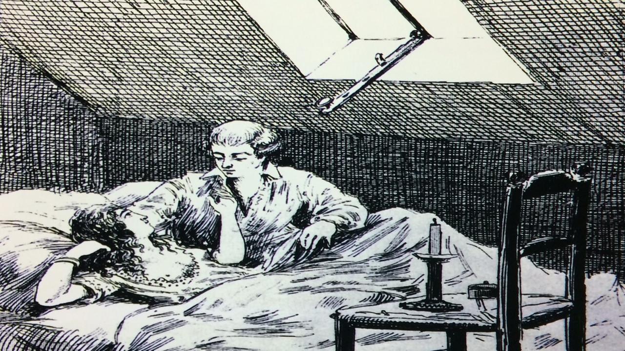 Giacomo Casanova liegt in einer Dachkammer mit einer Geliebten im Bett.