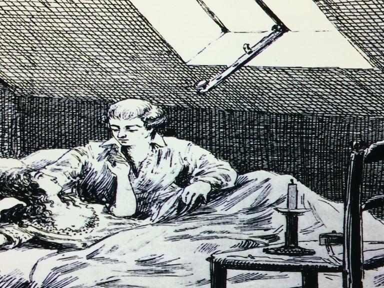 Giacomo Casanova liegt in einer Dachkammer mit einer Geliebten im Bett.