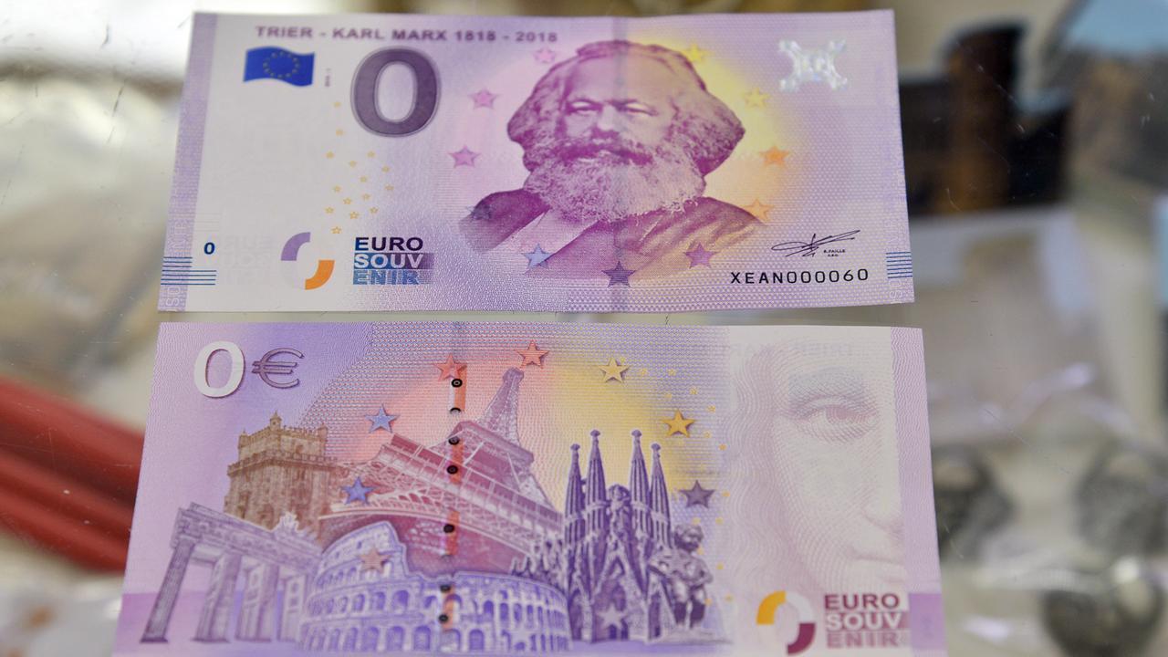 Karl Marx auf einem Null-Euro-Schein Karl Marx auf einem Null-Euro-Schein
