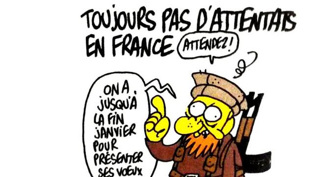 Die letzte Karikatur des Chefs von "Charlie Hebdo", Stéphane Charbonnier, zeigt einen bewaffneten bärtigen Mann. Der provozierende Titel lautet ins Deutsche übersetzt: "Immer noch keine Attentate in Frankreich" "Der Bärtige erwidert: "Na, warten Sie mal ab. Man hat bis Ende Januar Zeit, um die Festtagsgrüße auszurichten".