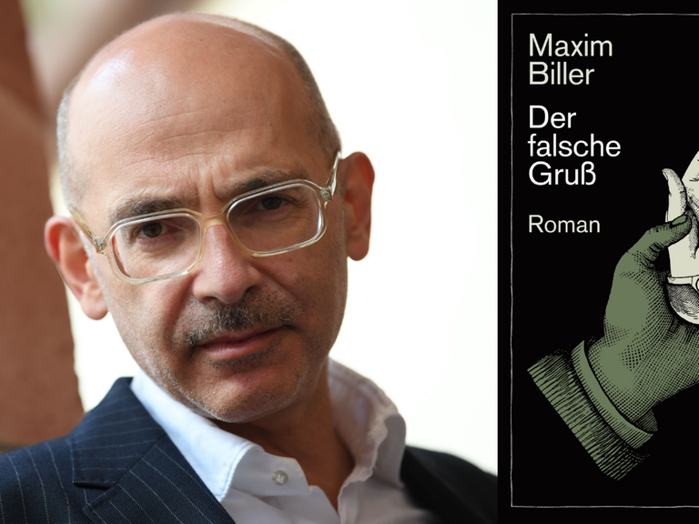 Ein Portrait des Schriftstellers Maxim Biller das Cover seines Romans "Der falsche Gruß"