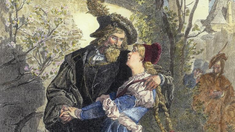 Faust und Margarete (Marthens Garten, wo Gretchen die Frage stellt: 'Nun sag, wie hast du's mit der Religion?' (Vers 3415)). - Holzstich, um 1880/90, nach Zeichnung von Franz Simm (1853-1918). Faust und Margarete (Marthens Garten, wo Gretchen die Frage stellt: 'Nun sag, wie hast du's mit der Religion?' (Vers 3415)). - Holzstich, um 1880/90, nach Zeichnung von Franz Simm (1853-1918).
