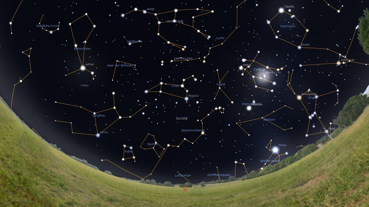 Der Winter geht, der Frühling ist da: Der Himmelsanblick am 01. März gegen Mitternacht, am 15. März gegen 23 Uhr und am 30. März gegen 22 Uhr – die Mondstellung bezieht sich auf den 15. März Der Winter geht, der Frühling ist da: Der Himmelsanblick am 01. März gegen Mitternacht, am 15. März gegen 23 Uhr und am 30. März gegen 22 Uhr – die Mondstellung bezieht sich auf den 15. März