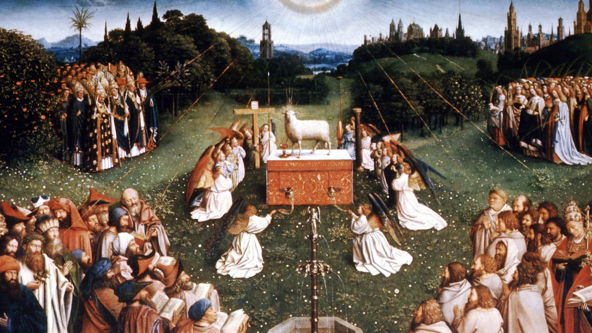 Der Mittelaltar im Genter Altar von Hubert und Jan van Eyck (Ausschnitt) zeigt die "Anbetung des Lammes" als Symbol für das Paradies in einer Frühlingslandschaft. Das Gemälde entstand um 1432. Der Mittelaltar im Genter Altar von Hubert und Jan van Eyck (Ausschnitt) zeigt die "Anbetung des Lammes" als Symbol für das Paradies in einer Frühlingslandschaft. Das Gemälde entstand um 1432.