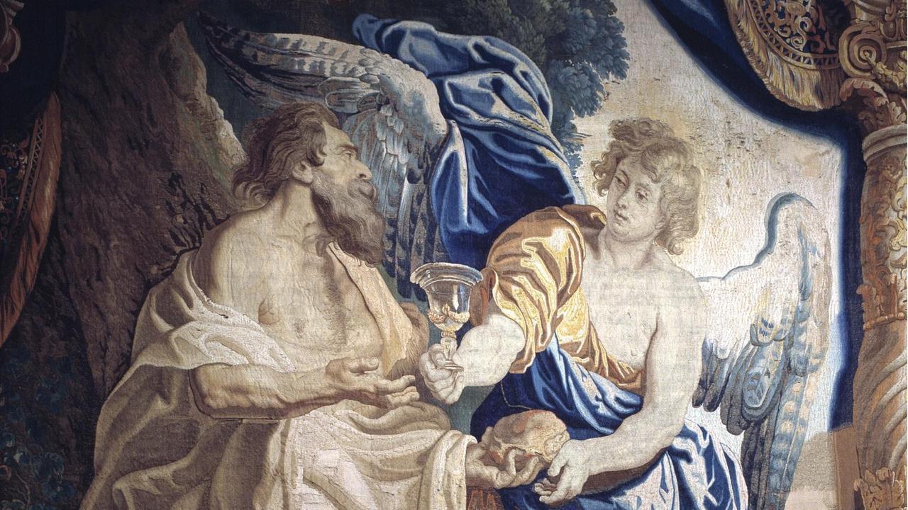 Historische Dartellung des Propheten Elia, der von einem Engel Brot und Wein empfängt. Historische Dartellung des Propheten Elia, der von einem Engel Brot und Wein empfängt.
