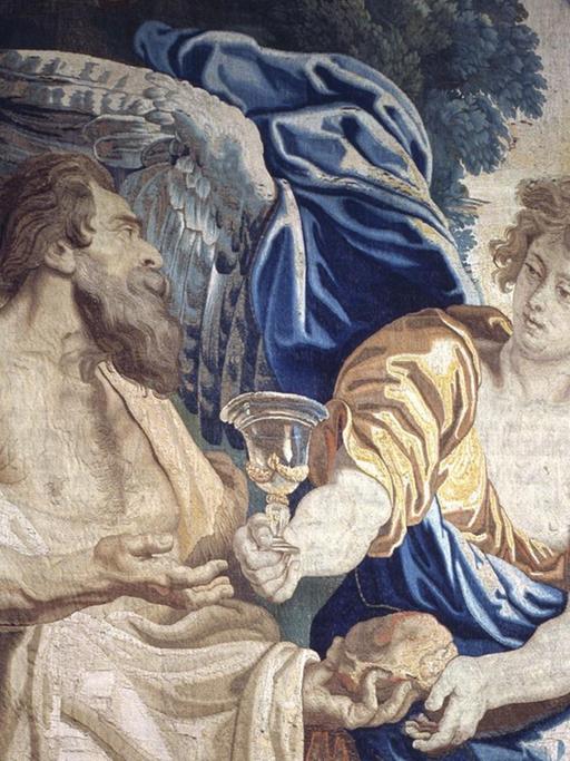 Historische Dartellung des Propheten Elia, der von einem Engel Brot und Wein empfängt.