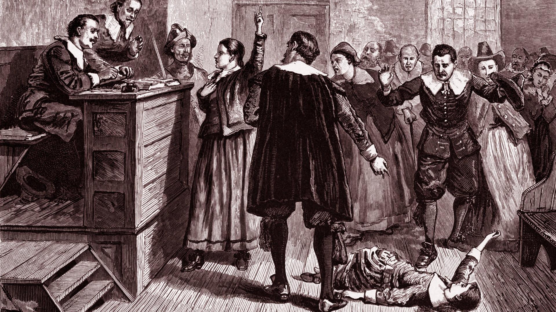 Hexenprozess in Salem 1692. In der Mitte: Mary Walcott (1675-1720) als Zeugin. Hexenprozess in Salem 1692. In der Mitte: Mary Walcott (1675-1720) als Zeugin.