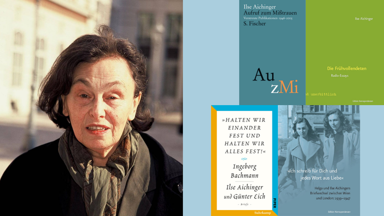 Ein Protrait der Schriftstellerin Ilse Aichinger und 4 Cover neuer Bücher zu ihrem 100. Geburtstag Ein Protrait der Schriftstellerin Ilse Aichinger und 4 Cover neuer Bücher zu ihrem 100. Geburtstag