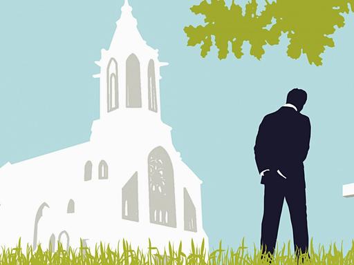 Ein Mann besucht einen Friedhof. Im Hintergrund ist eine Kirche zu sehen. Grafische Darstellung.