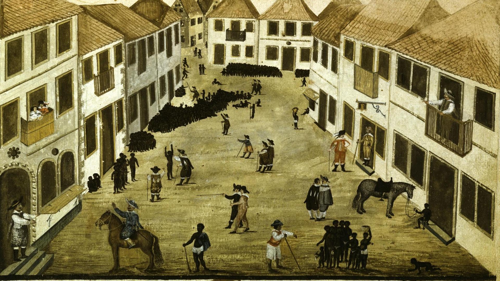 Zacharias Wagner: Sklavenmarkt in Fort Maurits, entstanden zwischen 1634 und 1637 in der damaligen Kolonie Niederländisch-Brasilien Zacharias Wagner: Sklavenmarkt in Fort Maurits, entstanden zwischen 1634 und 1637 in der damaligen Kolonie Niederländisch-Brasilien