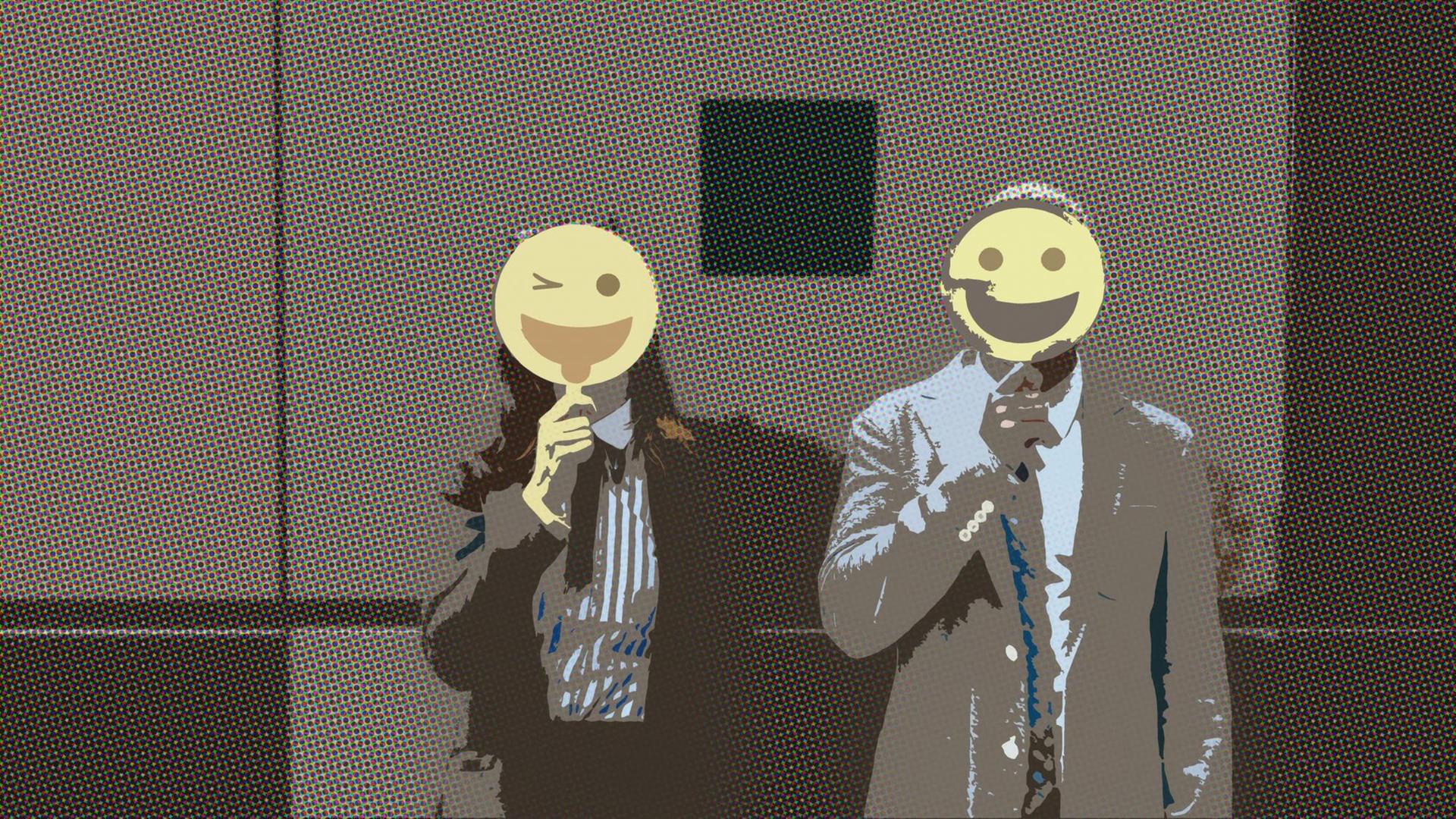 Zwei Menschen mit Smiley-Masken vor dem Gesicht. Comicartig verfremdet.