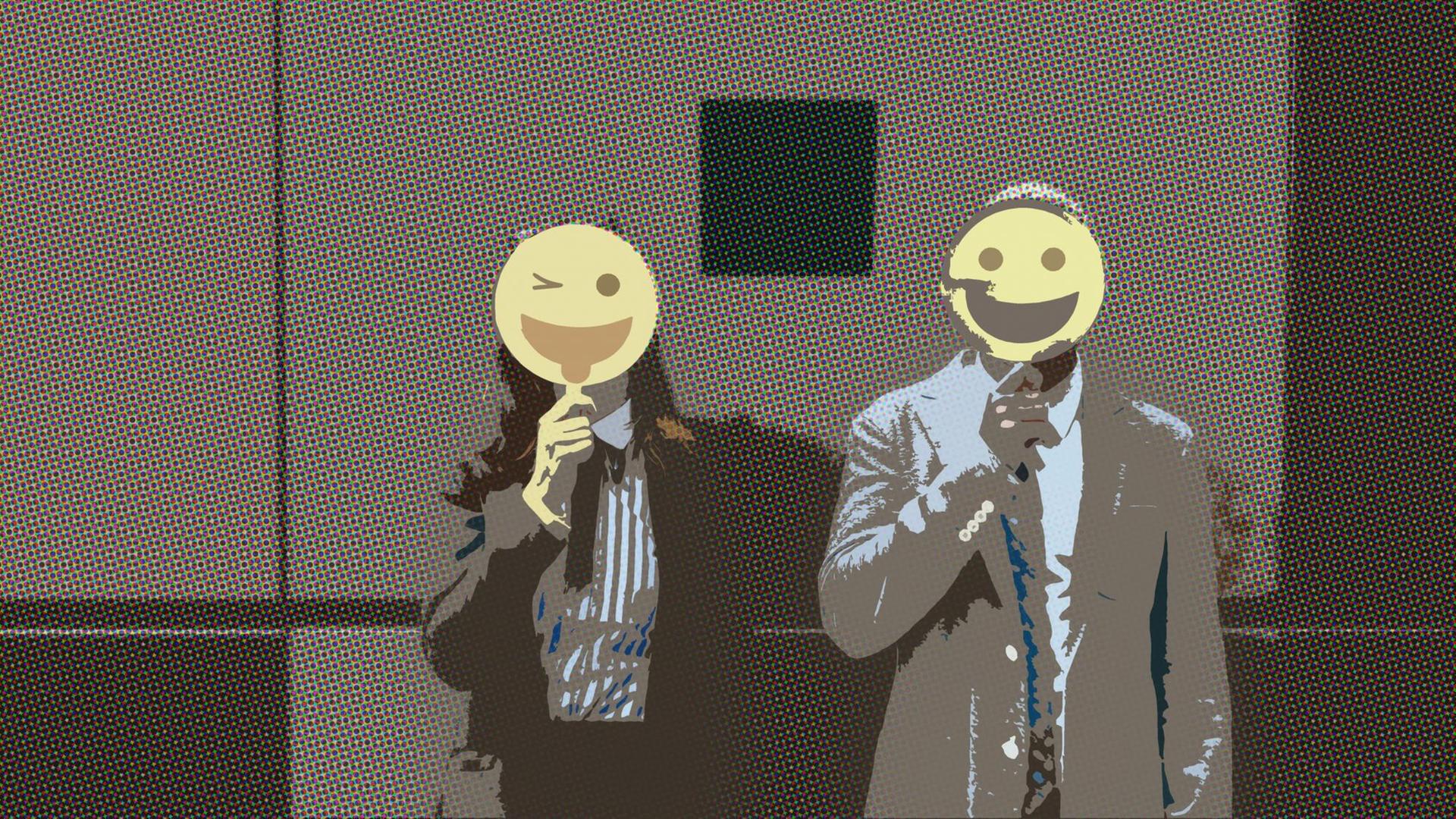 Zwei Menschen mit Smiley-Masken vor dem Gesicht. Comicartig verfremdet. Zwei Menschen mit Smiley-Masken vor dem Gesicht. Comicartig verfremdet.