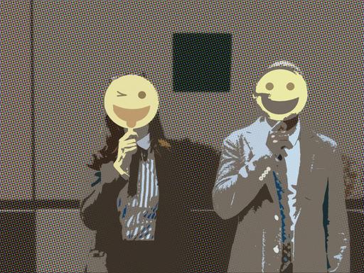 Zwei Menschen mit Smiley-Masken vor dem Gesicht. Comicartig verfremdet.