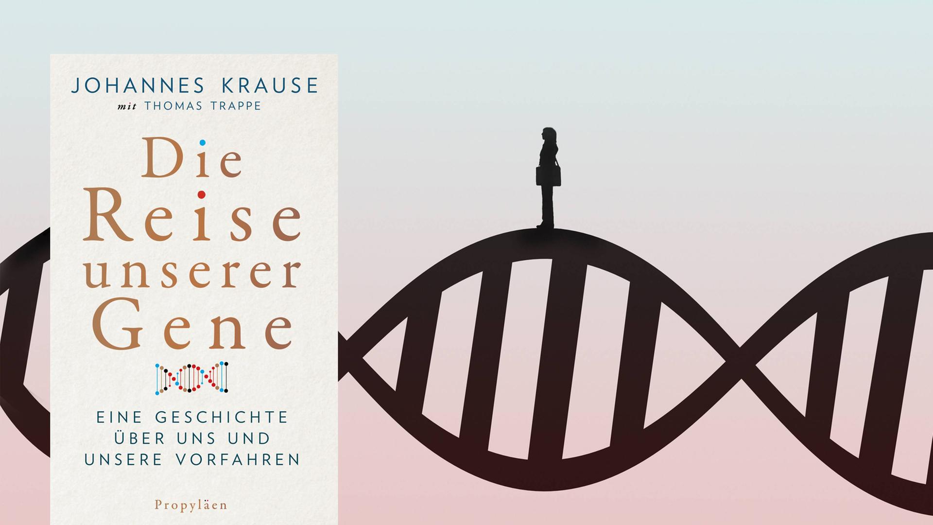 Cover: "Johannes Krause mit Thomas Trappe: Die Reise unserer Gene" auf Hintergund. Cover: "Johannes Krause mit Thomas Trappe: Die Reise unserer Gene" auf Hintergund.