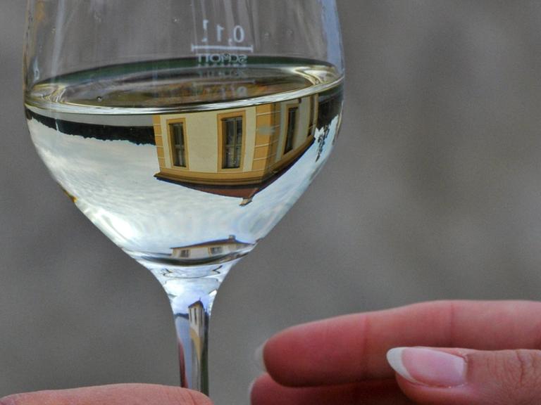 In einem Glas Weißwein spiegelt sich in Moritzburg in Sachsen ein Teehaus am Jagdschloss.