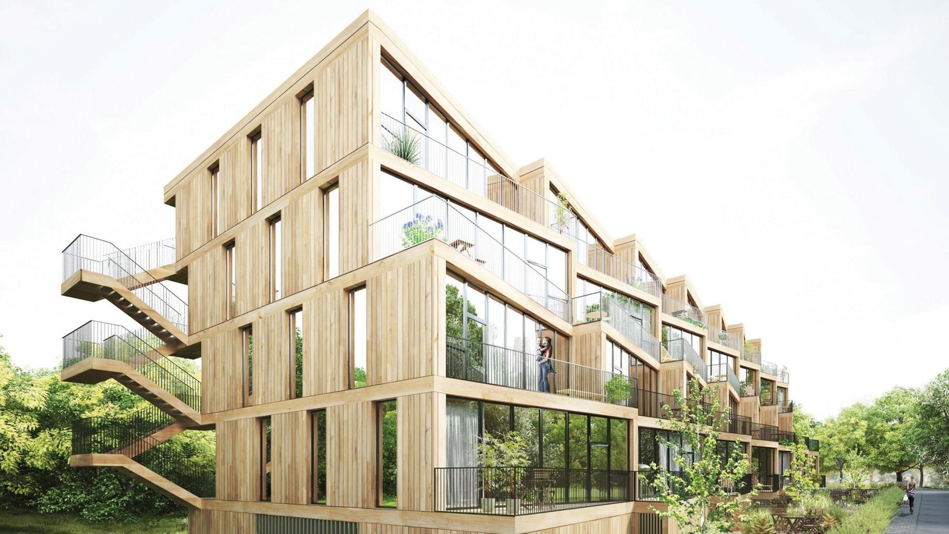 Das hölzerne Terassenhaus der NL Architects aus Amsterdam bei der Ausstellung "Wohnen für Alle - Das neue Frankfurt 2019." Das hölzerne Terassenhaus der NL Architects aus Amsterdam bei der Ausstellung "Wohnen für Alle - Das neue Frankfurt 2019."