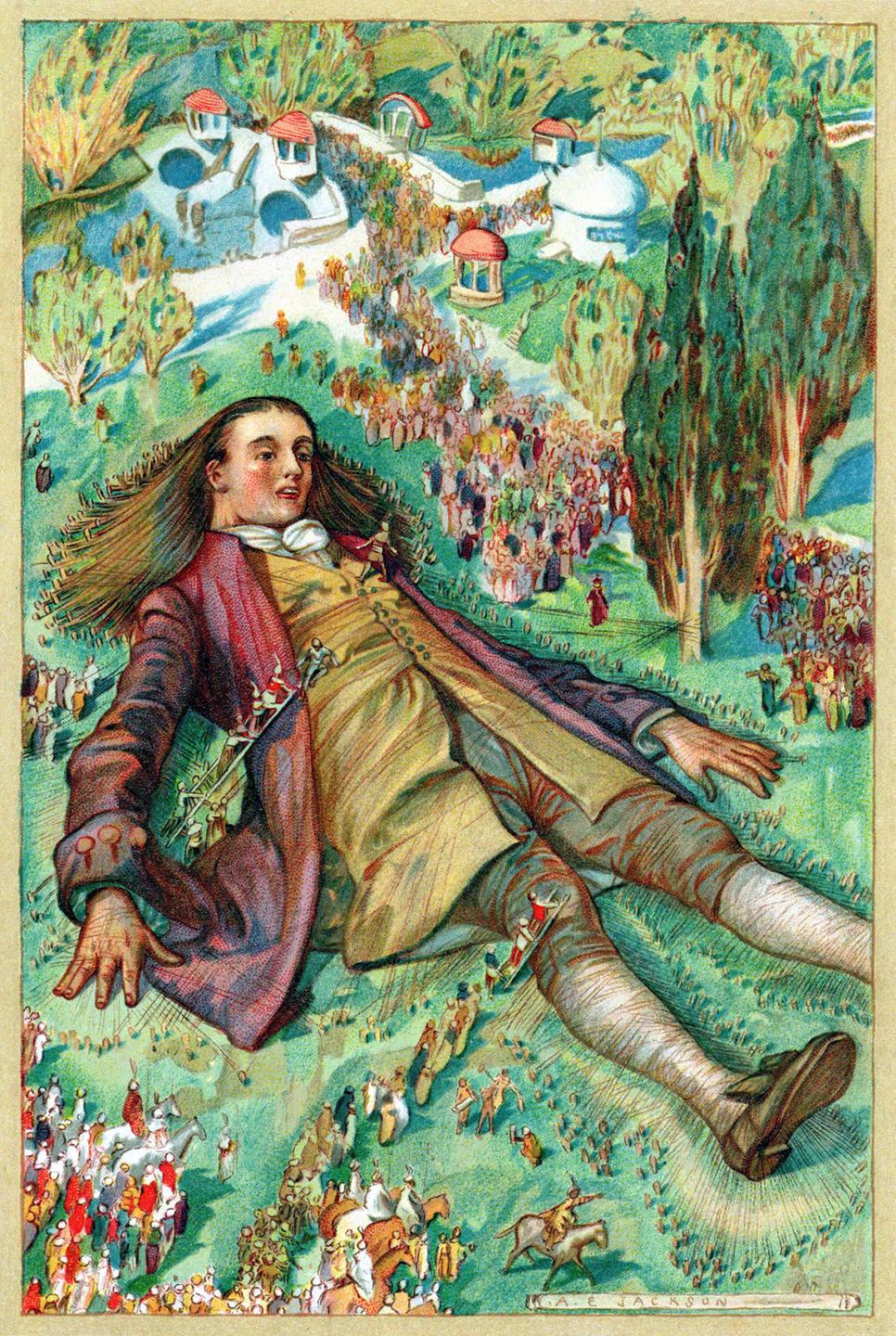 Lemuel Gulliver wird gerade klar, dass er ein gefangener Lilliputaniens ist: Chromolithograph einer Edition von Jonathan Swifts "Gulliver's Travel", New York 1911 Lemuel Gulliver wird gerade klar, dass er ein gefangener Lilliputaniens ist: Chromolithograph einer Edition von Jonathan Swifts "Gulliver's Travel", New York 1911