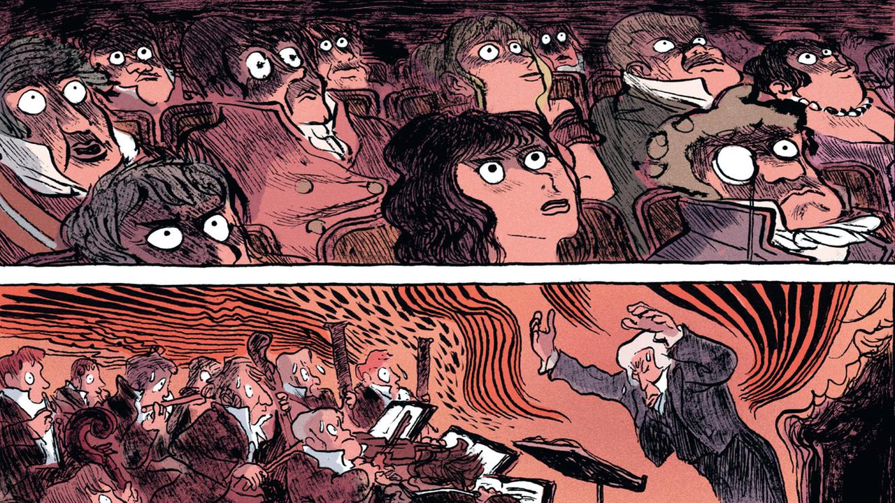Szene aus der Graphic Novel "Goldjunge - Beethovens Jugendjahre" von Mikael Ross: Beethoven dirigiert ein Orchester, darüber ist das Publikum zu sehen - die Bilder sind in verschiedenen Rottönen koloriert. Szene aus der Graphic Novel "Goldjunge - Beethovens Jugendjahre" von Mikael Ross: Beethoven dirigiert ein Orchester, darüber ist das Publikum zu sehen - die Bilder sind in verschiedenen Rottönen koloriert.