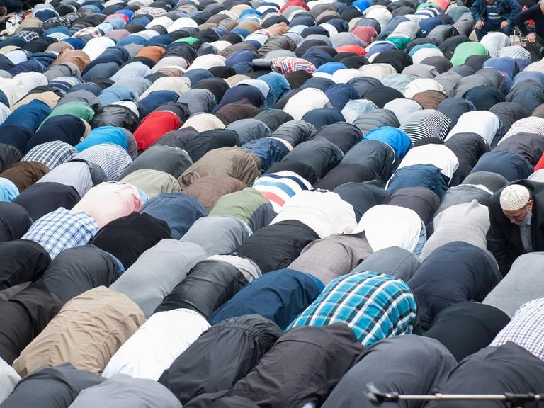 Männer beten auf einer Kundgebung gegen Islamophobie und Rassismus in Berlin.