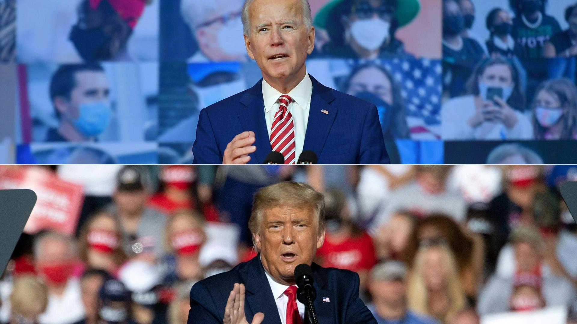 Fotomontage mit Bildern aus Wahlkampfauftritten von Donald Trump und Joe Biden, dern zwei Kandidaten für die Präsidentschaftswahlen in den USA am 3. November 2020 Fotomontage mit Bildern aus Wahlkampfauftritten von Donald Trump und Joe Biden, dern zwei Kandidaten für die Präsidentschaftswahlen in den USA am 3. November 2020