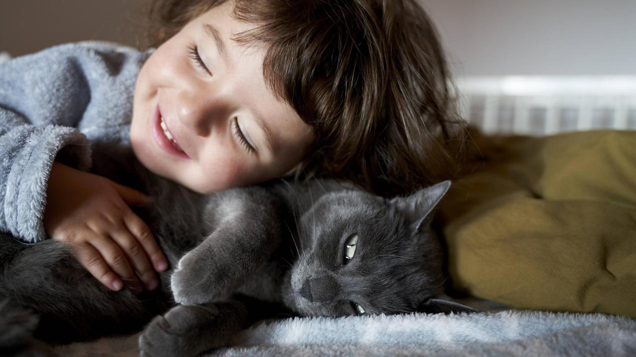 Kleines Mädchen mit geschlossenen Augen lächelt und streichelt im Liegen eine Katze, die ganz nah bei ihr ist.