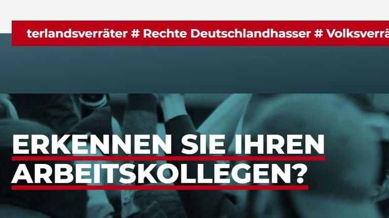 Auf der Seite steht "Erkennen Sie Ihren Arbeitskollegen?" und darüber - rot unterlegt - "Vaterlandsverräter - Rechte Deutschlandhasser". Auf der Seite steht "Erkennen Sie Ihren Arbeitskollegen?" und darüber - rot unterlegt - "Vaterlandsverräter - Rechte Deutschlandhasser".