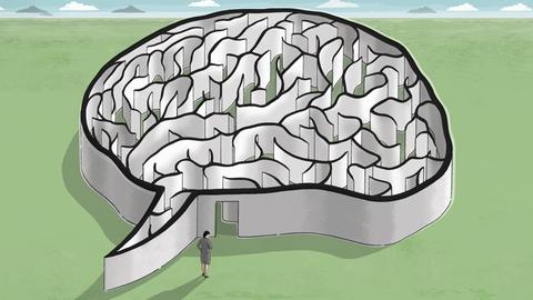 Illustration einer Frau am Eingang zu einem Gehirn-Labyrinth
