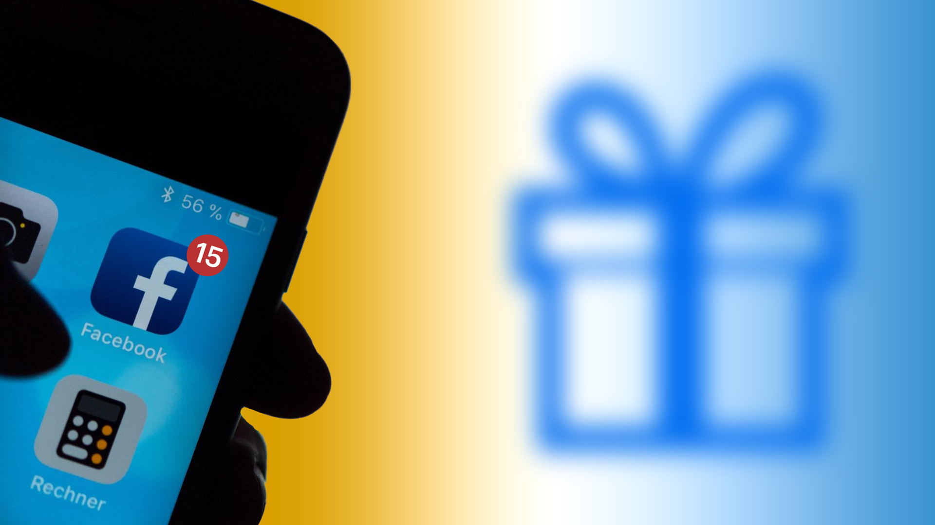 Das Logo des sozialen Netzwerks Facebook ist auf dem Display eines Smartphones zu sehen, zusammen mit der Zahl 15. Im Hintergrund wird ein iconisiertes Geschenkpaket gezeigt.