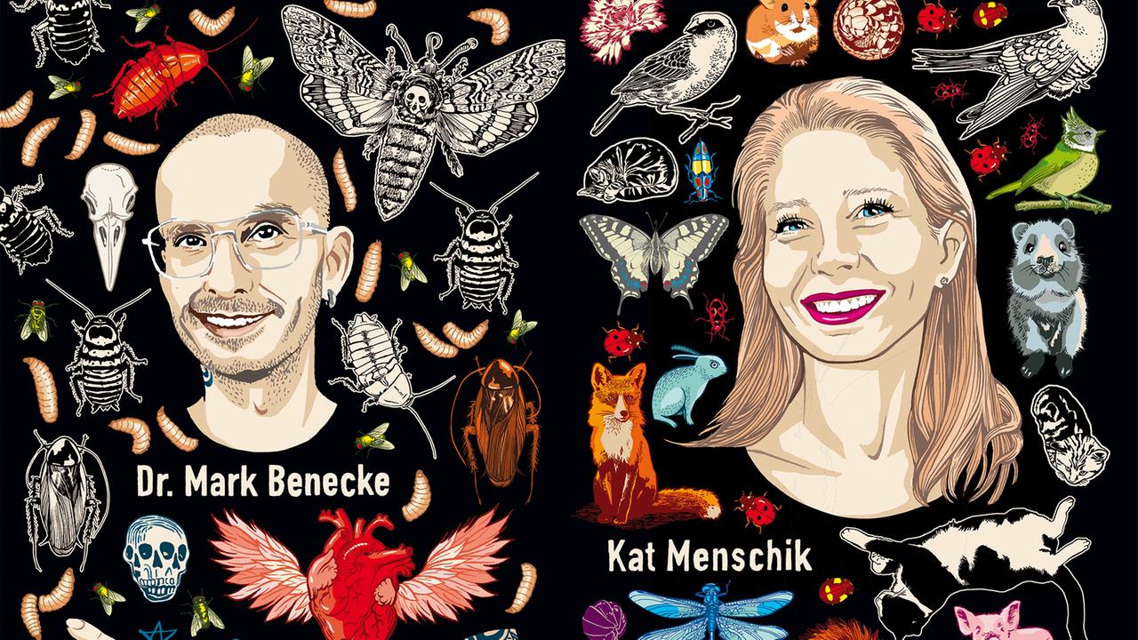 Illustrierte Porträts von Mark Benecke und Kat Menschik, umgeben von gezeichneten Tieren. Illustrierte Porträts von Mark Benecke und Kat Menschik, umgeben von gezeichneten Tieren.