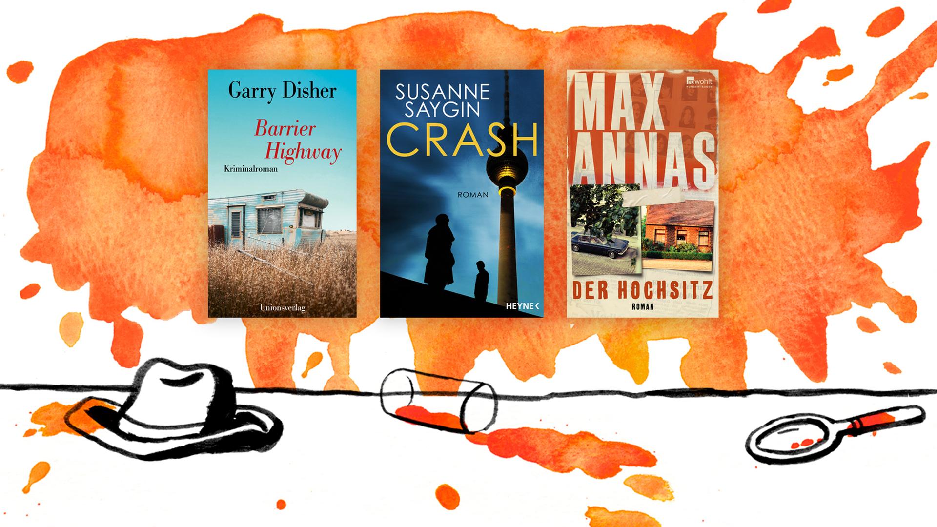 Die Cover der Top drei der Krimibestenliste Im September 2021: Garry Dishers "Barrier Highway", Susanne Saygins „Crash“ und Max Annas' "Der Hochsitz" (v.l.n.r.).