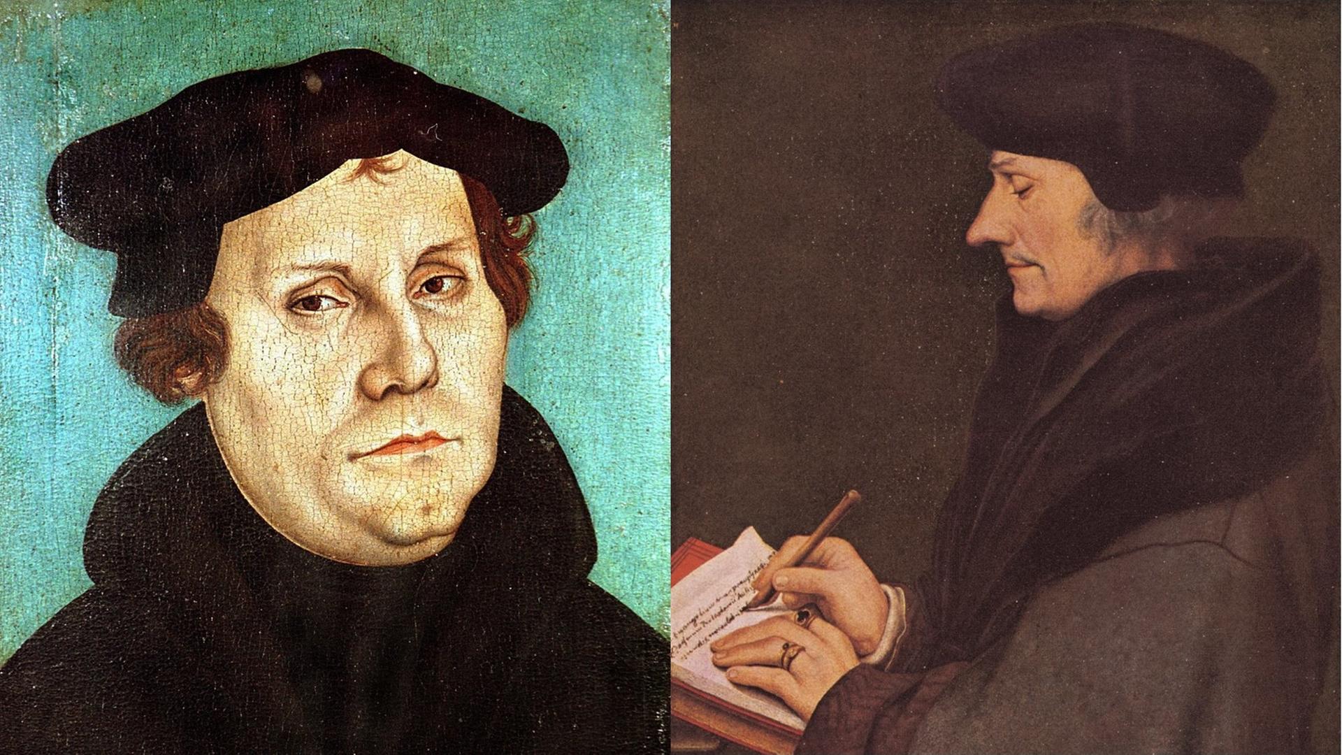 Links: Der Reformator Martin Luther in einer Darstellung von Lukas Cranach d.Ae. (Ölgemälde auf Holz von 1528). / Rechts: Das Gemälde von Hans Holbein d. J. zeigt den niederländischen Humanisten Erasmus von Rotterdam (1466-1536).