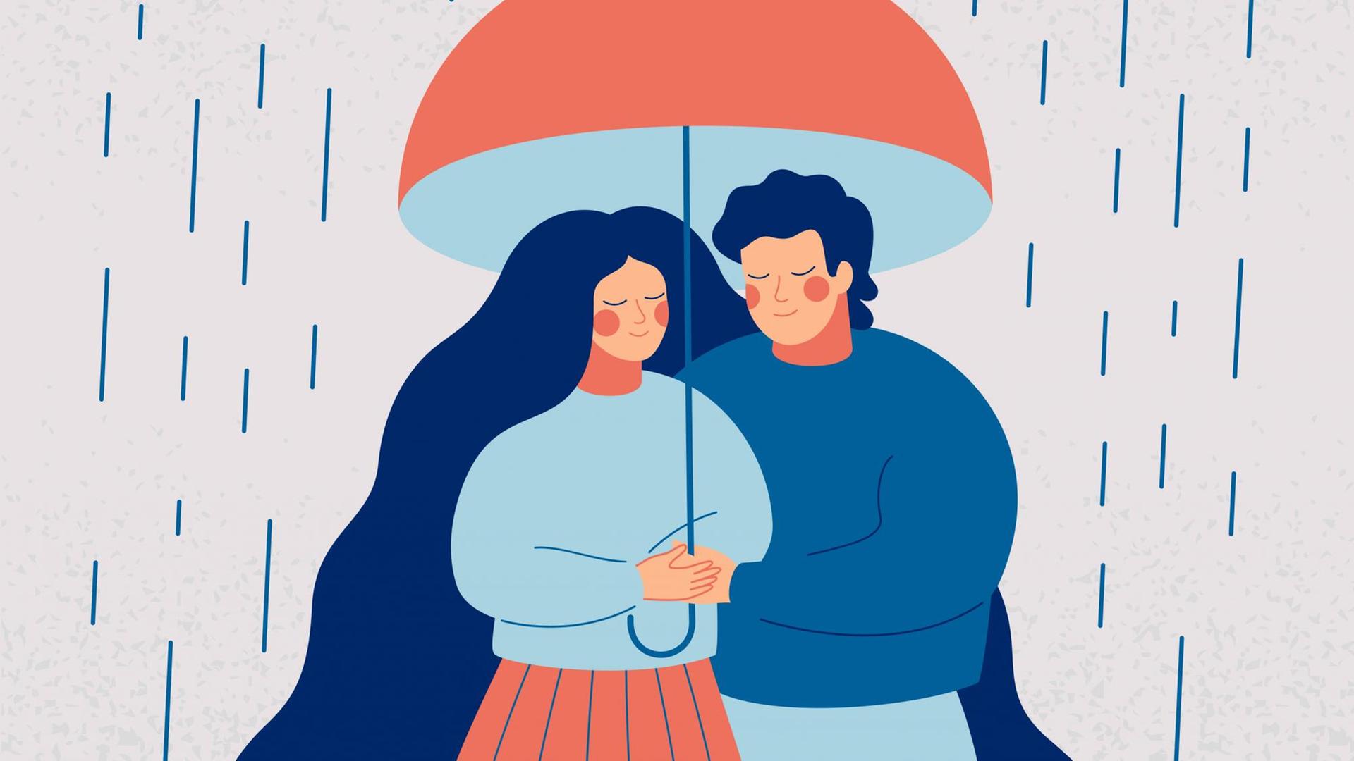 Illustration eines Paares, die sich untern einem Regenschirm umarmen — es reget. Illustration eines Paares, die sich untern einem Regenschirm umarmen — es reget.