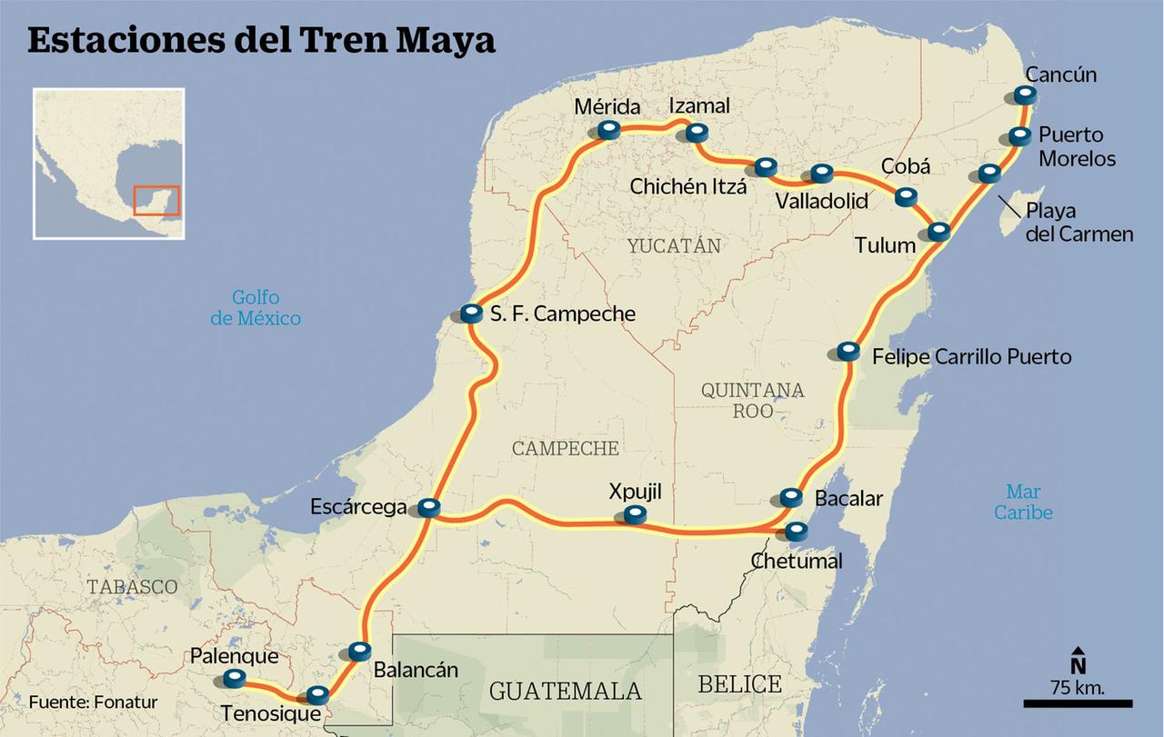 Karte der mexikanischen Halbinsel Yucatán. Darauf eingezeichnet: ein Rundkurs entlang der Küsten, die geplante Route des Tren Maya.