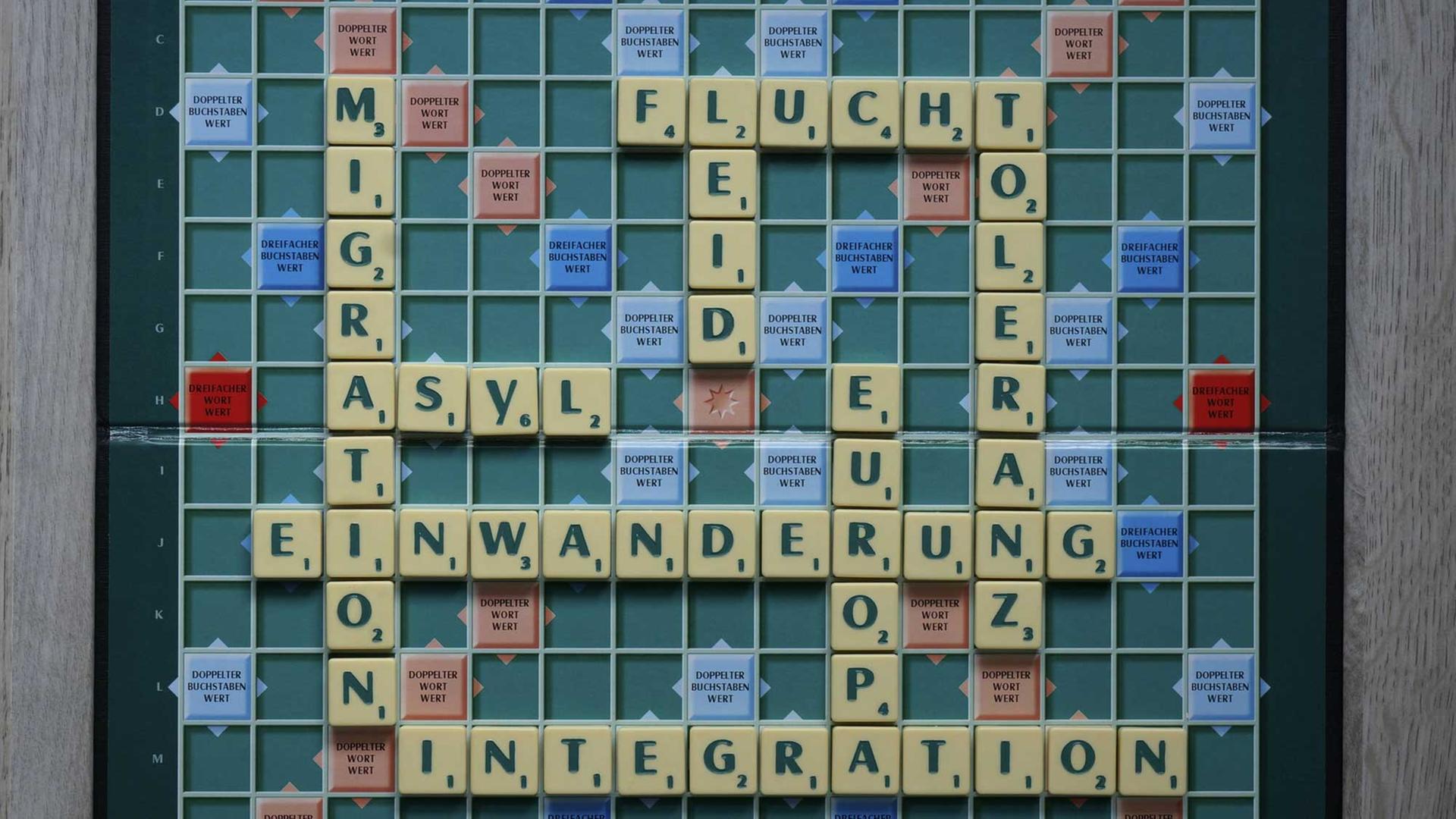 Scrabblespiel mit den Worten Einwanderungspolitik, Einwanderung, Migration, Asyl, Integration, Europa, Toleranz, Flucht, Leid Scrabblespiel mit den Worten Einwanderungspolitik, Einwanderung, Migration, Asyl, Integration, Europa, Toleranz, Flucht, Leid